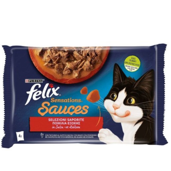 Purina Felix Sensations Sauces Με Γαλοπούλα - Μπέικον & Βοδινό Σε Σάλτσα 4x85gr