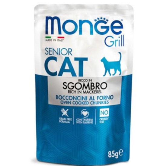 Monge Grill Grain Free Senior Υγρή Τροφή για Ηλικιωμένες Γάτες σε Φακελάκι με Σκουμπρί 85gr