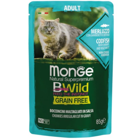 Monge Bwild Grain Free Υγρή Τροφή για Ενήλικες Στειρωμένες Γάτες σε Φακελάκι με Μπακαλιάρο / Γαρίδες / Λαχανικά 85gr