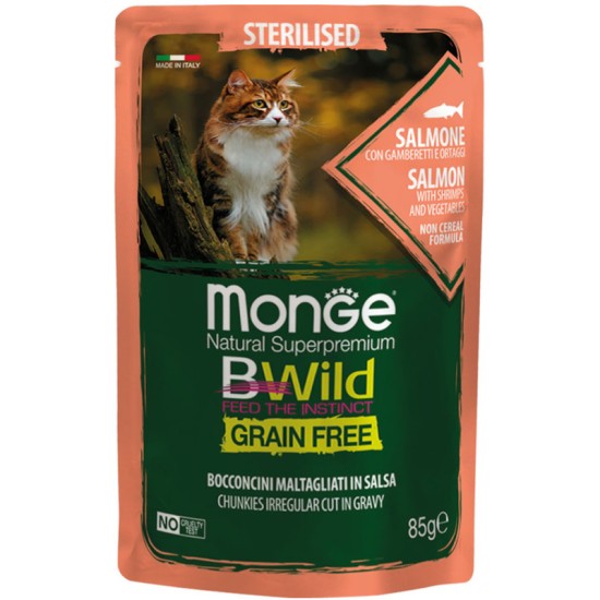 Monge Bwild Grain Free Υγρή Τροφή για Ενήλικες Στειρωμένες Γάτες σε Φακελάκι με Σολομό / Γαρίδες / Λαχανικά 85gr